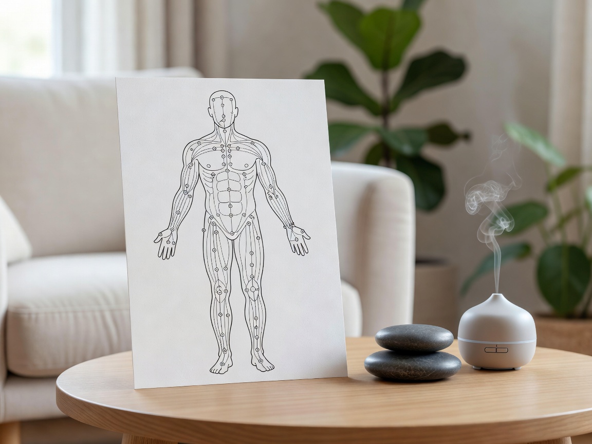 Acupressure meridian points guidance illustration and relaxing scene