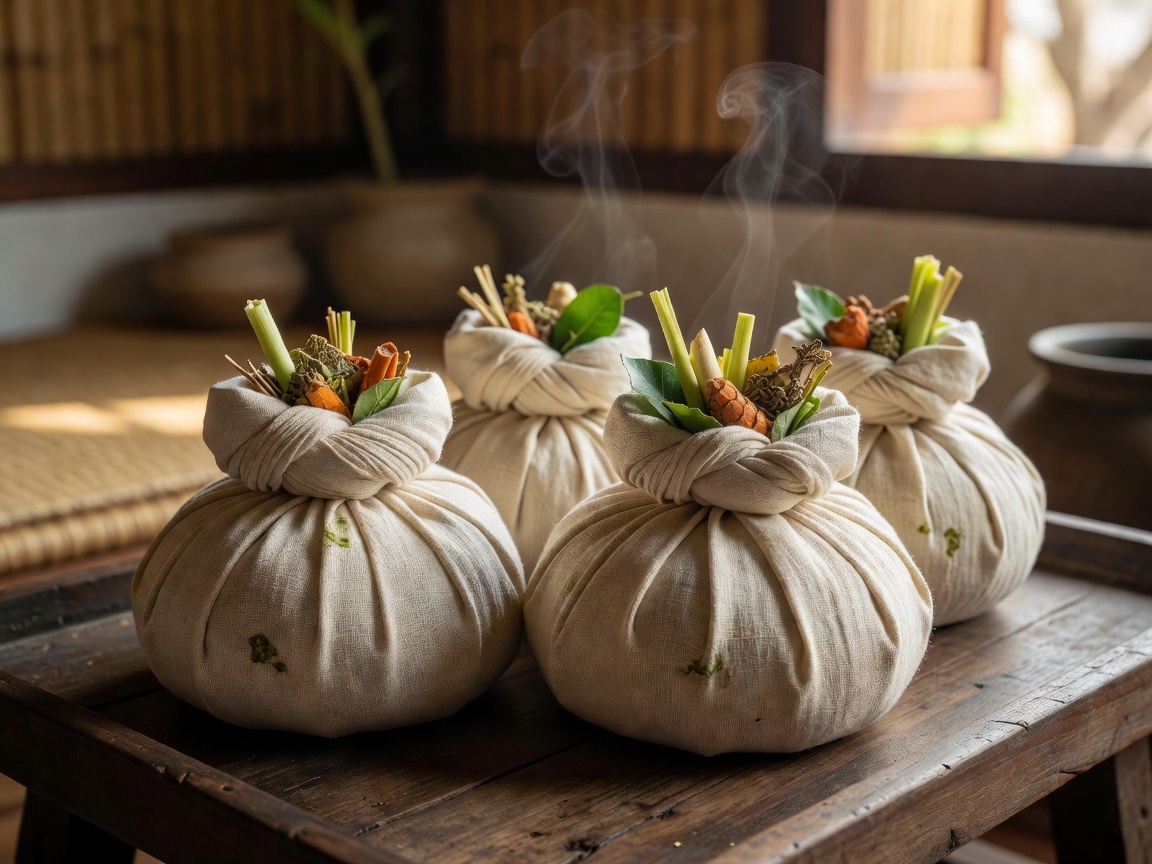 Authentic steamed Thai herbal compress balls wrapped in natural unbleached cotton