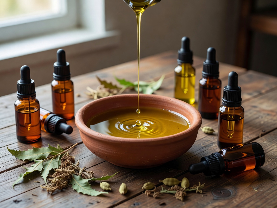 Ayurvedic oil pouring bowl and essential oils