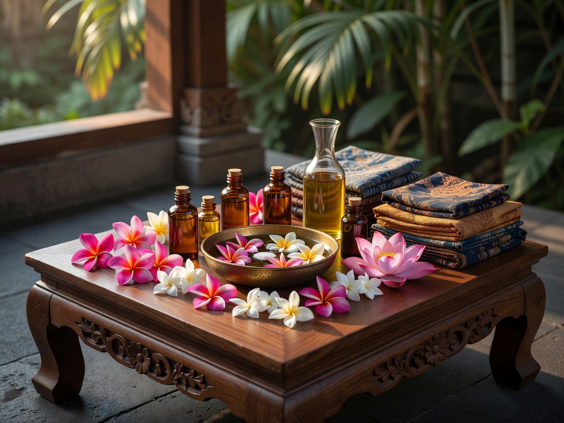 Balinese traditional spa setup with flowers and natural oils