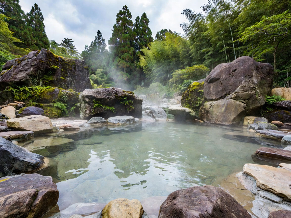 Natural hot thermal springs and volcanic hot water pool in forest