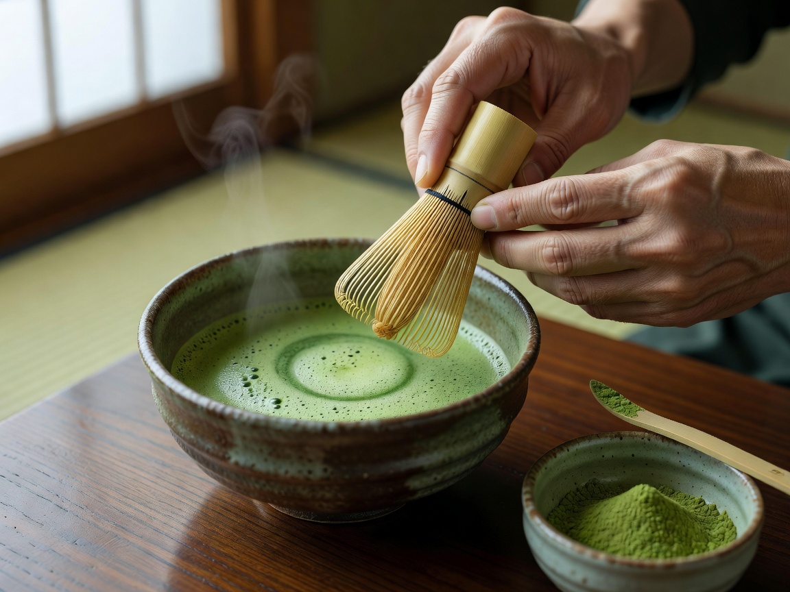 Mindful preparation of matcha green tea using traditional bamboo whisk and ceramic chawan