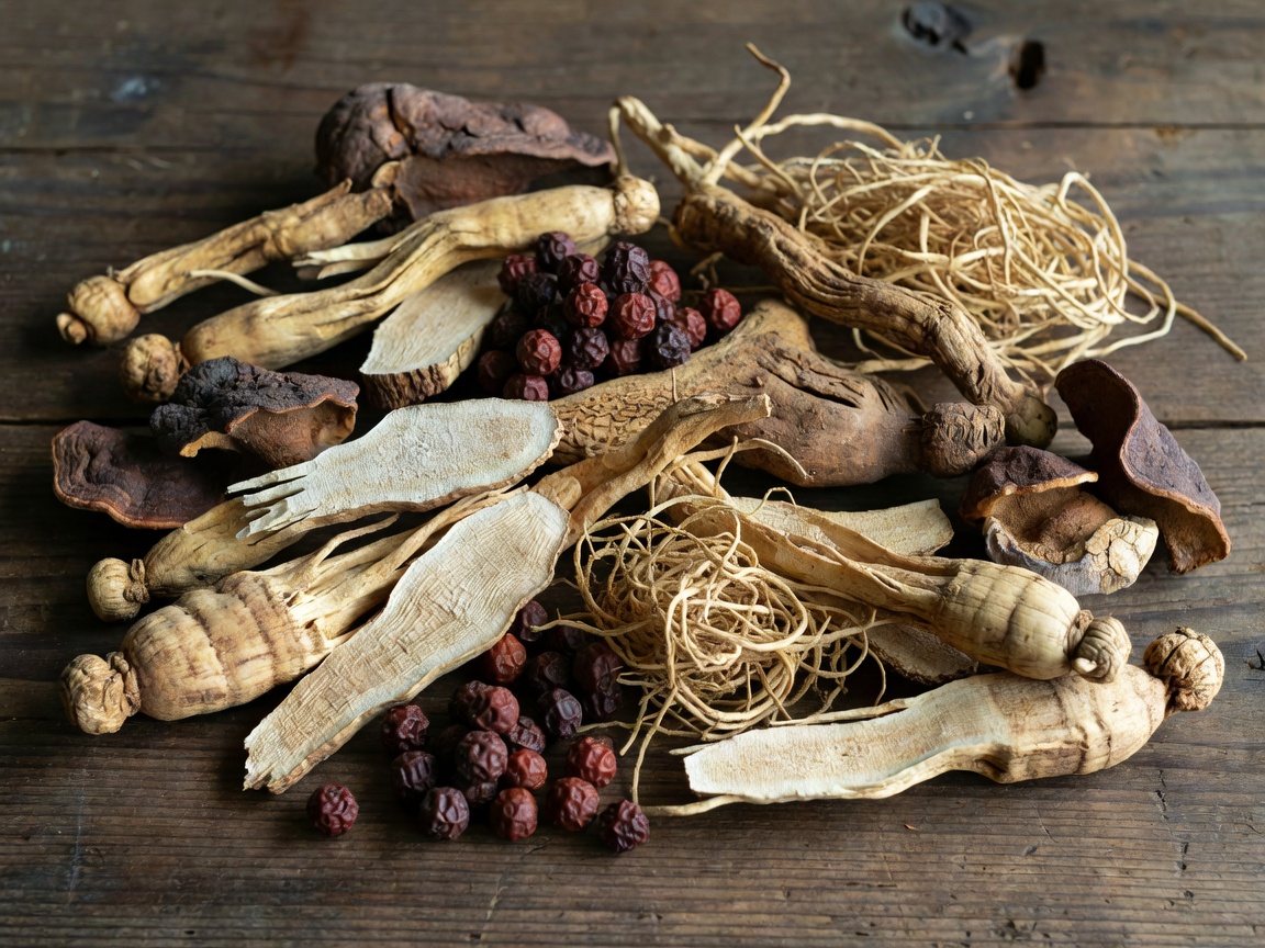 Dried healing herbs, ginseng, and spices in terracotta bowls