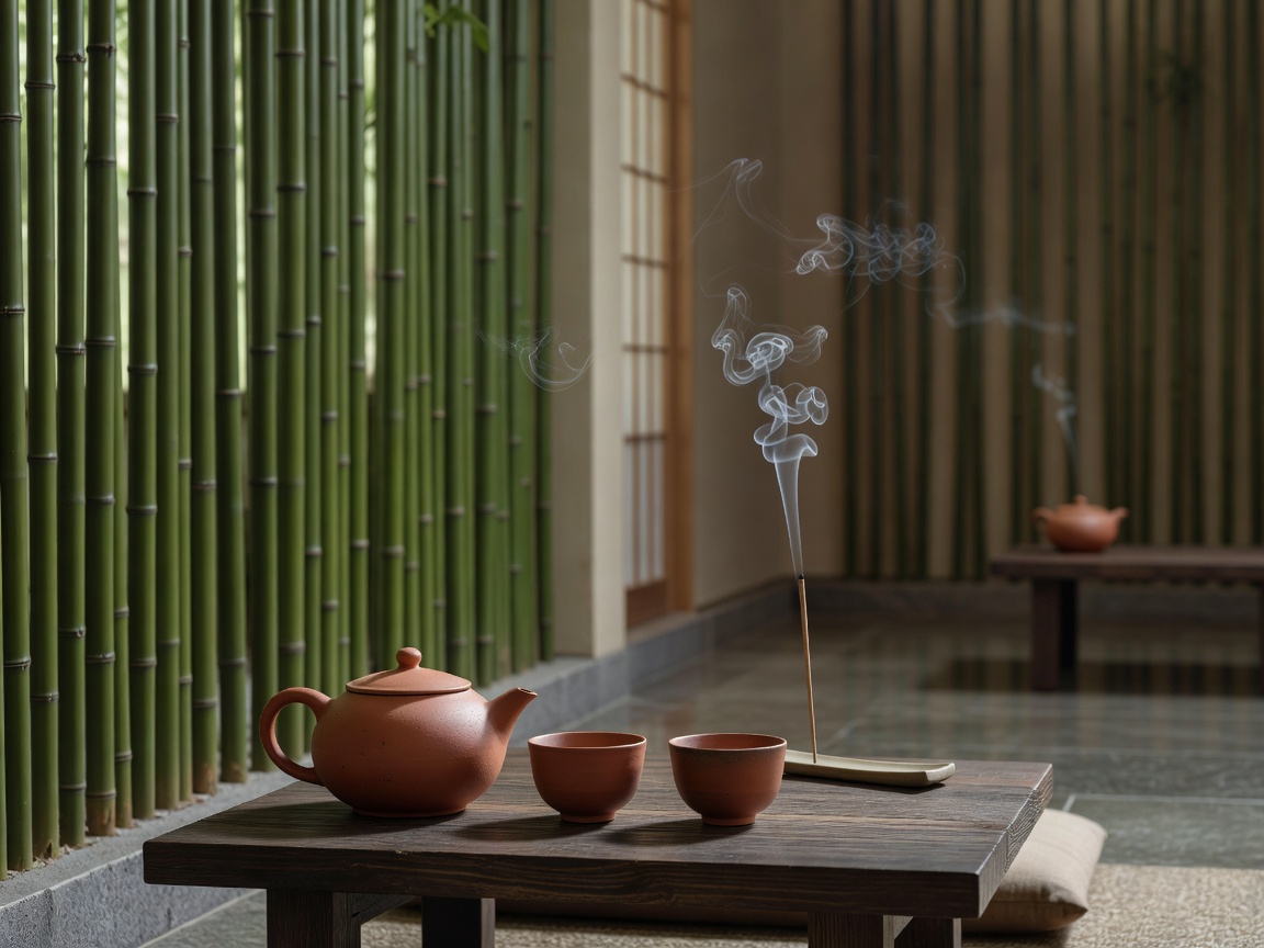 Serene Asian spa setting with bamboo, terracotta teaware, and calming incense