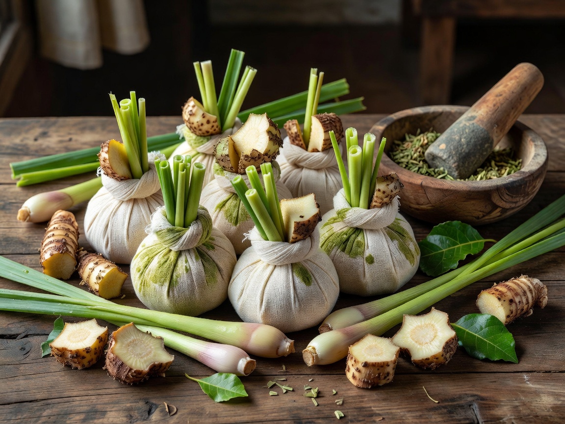Thai herbal compress poultices prepared with lemongrass and galangal