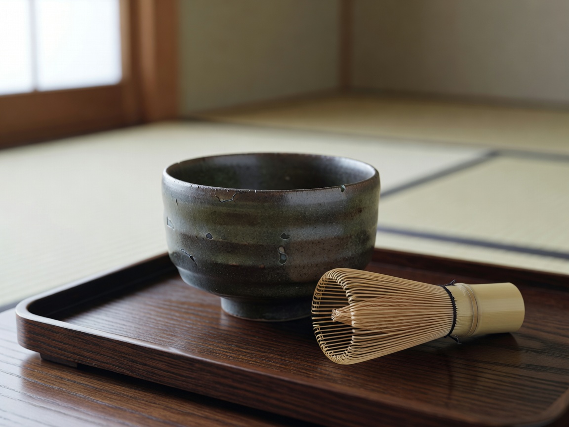 Traditional Japanese tea ceremonial bowl and whisk