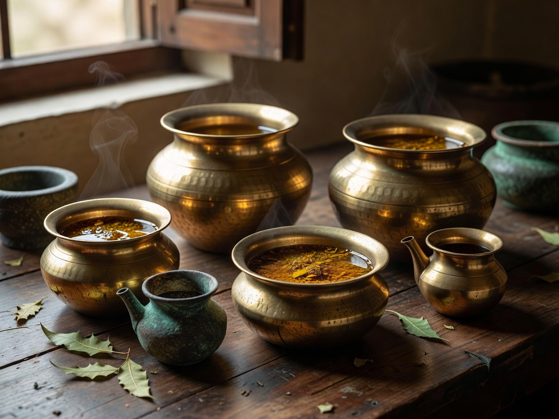 Warm medicinal herbal oils in brass Ayurvedic vessels